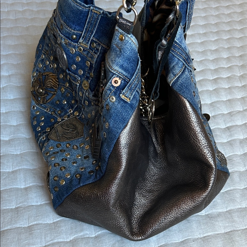 Rebecca J Denim and Metallic Chain Bag